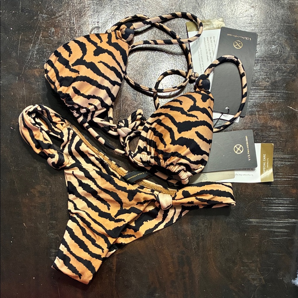 Tiger-Print Tie Bikini Set - Women - Black & Tan